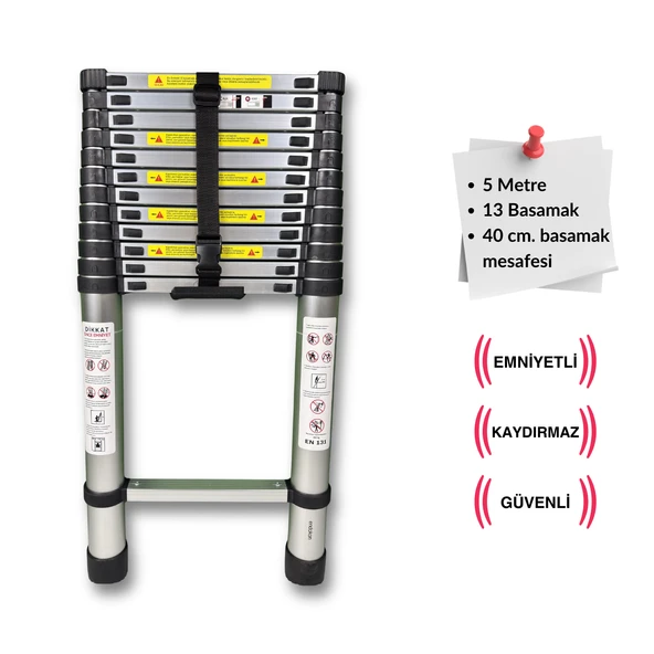 Endokon 500 cm. - 13 Basamaklı Teleskopik Alüminyum Merdiven - I Tipi Uzayan Merdiven ürün görseli 1