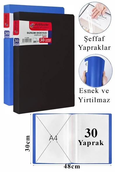Siyah Mavi Sunum Dosyası 30 lu 2 Adet Poşet Dosyalı Katalog Dosyası 30 Poşetli Kendinden Dosya Plastik Kapaklı ürün görseli 1