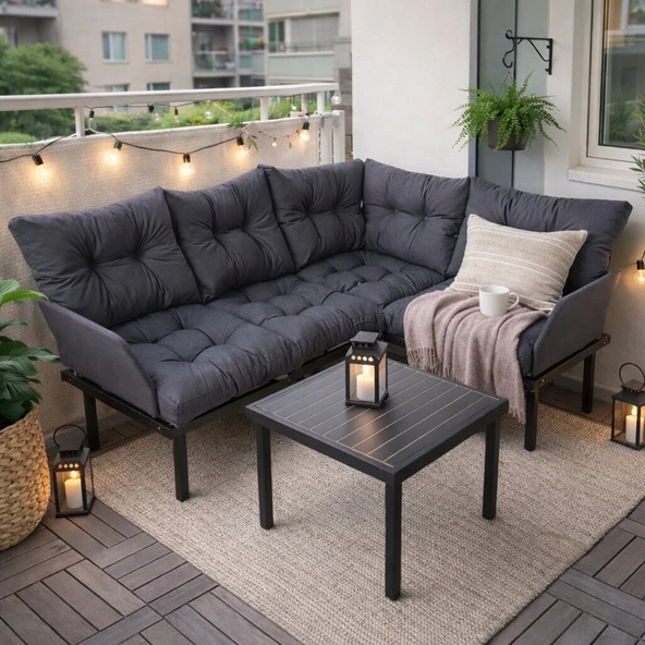Bahçe Köşe Takımı Balkon ve Cafe Modüler Metal Köşe Koltuk Takımı Sehpalı Füme 16344 ürün görseli 1
