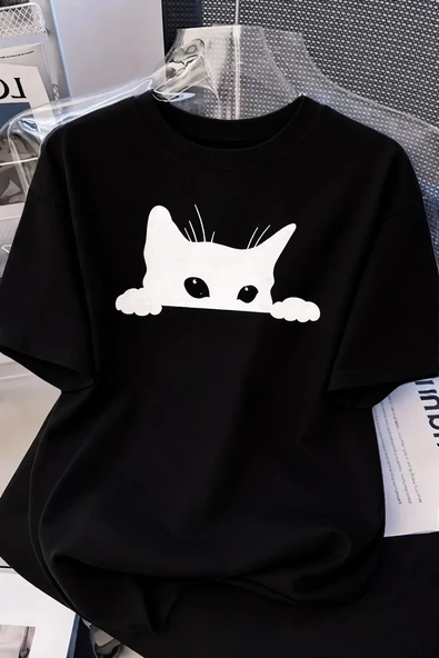 Kadınlar için Siyah Kedi Grafik Tişört - Oversize Kısa Kollu Üst Nefes Alabilir - Siyah ürün görseli 1