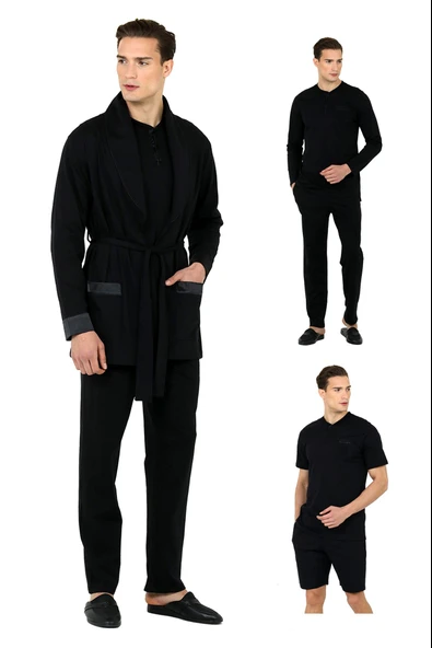D'S Damat Saten Biyeli Patlı Erkek 5'li Penye Rob ve Pamuk Pijama Takımı Damat Sandığı Çeyiz Seti Siyah ürün görseli 1