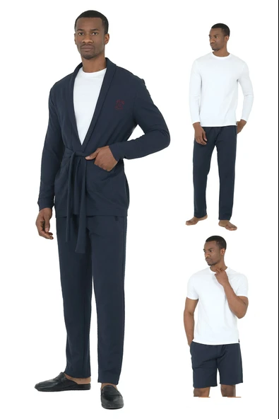 D'S Damat Waffle Erkek 5'li Rob ve Pijama Takımı Damat Sandığı Çeyiz Seti Lacivert ürün görseli 1