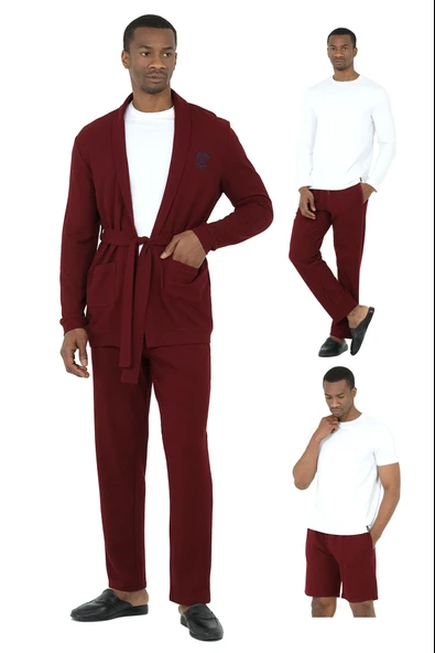 D'S Damat Waffle Erkek 5'li Rob ve Pijama Takımı Damat Sandığı Çeyiz Seti Bordo ürün görseli 1