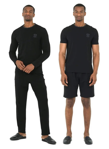 D'S Damat 4'lü Bisiklet Yaka Erkek Pamuk Pijama Takımı Damat Sandığı Çeyiz Seti Siyah ürün görseli 1