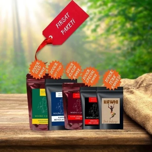 KAWHİ COFFEE FIRSAT PAKETİ TÜRK KAHVESİ 100GR+SPECİAL FINDIKLI DİBEK KAHVE 100GR+KLASİK GRANÜL KAHVE 200GR+KAHVE SÜT TOZU 200GR.+GOLD KAHVE GRANÜL 100GR. ürün görseli 1