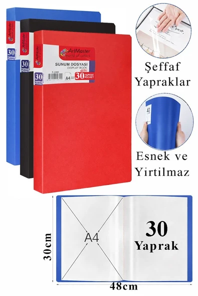 Mavi Siyah Kırmızı Sunum Dosyası 30 lu 3 Adet Poşet Dosyalı Katalog Dosyası 30 Poşetli Kendinden Dosya Plastik Kapaklı ürün görseli 1