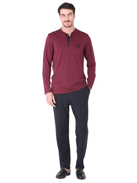 D'S Damat Erkek  Pijama Takımı Yarım Patlı Uzun Kol Bordo ürün görseli 1