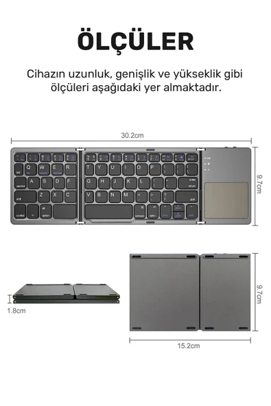 Plentiful Katlanabilir Bluetooth Type-c Klavye Türkçe Q Android / Ios siyah - Resim 4