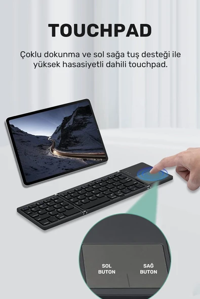 Plentiful Katlanabilir Bluetooth Type-c Klavye Türkçe Q Android / Ios siyah - Resim 5