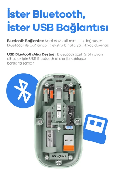 Kablosuz Mouse Fare Şarjlı Bluetooth Wireless Çift Modlu Sessiz 5 Tuşlu Şeffaf DPI Kontrol SİYAH ürün görseli 1