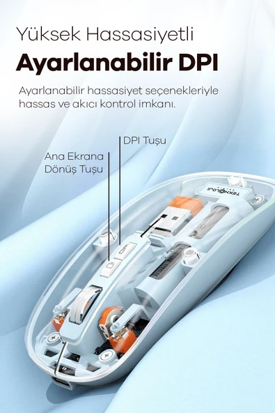 Kablosuz Mouse Fare Şarjlı Bluetooth Wireless Çift Modlu Sessiz 5 Tuşlu Şeffaf DPI Kontrol beyaz ürün görseli 1