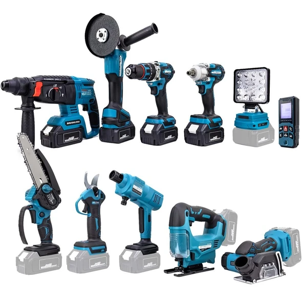 CHELİKBEİ EEA458 Akülü 11li Set (Led Işık, Lazer Metre, Somun Sıkma, Dekupaj, Oto Yıkama, Dal Makası, Dal Budama Testere, Darbeli Vidalama, Spral, ürün görseli 1