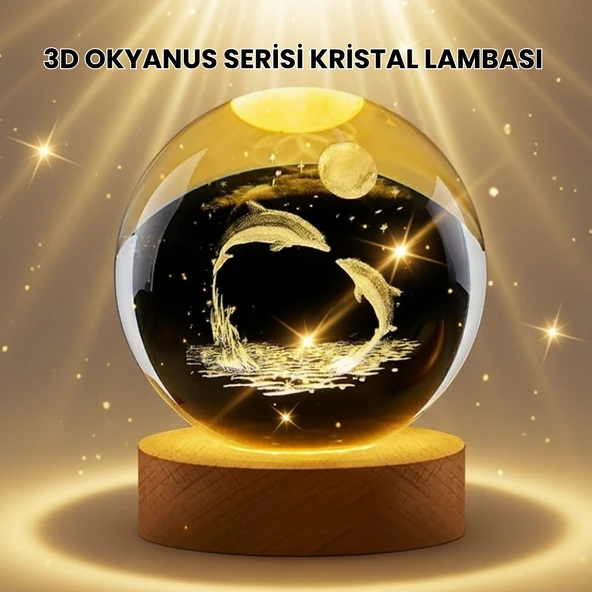 Lazer İşlemeli Yunus Kristal Küre Sıcak Işıklı Ahşap Standlı ürün görseli 1