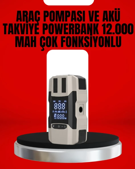 Dijital Ekranlı Araç Pompası Akü Takviye Powerbank 12.000 mAh ürün görseli 1