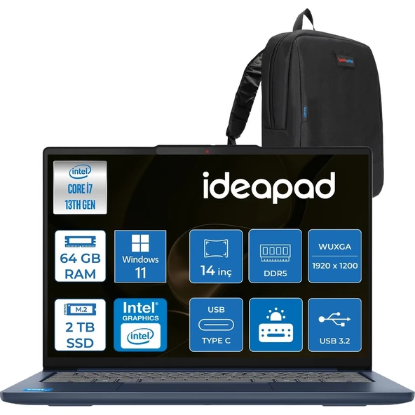 Ideapad Slim 5 14IRH10 Intel Core I7-13620H 64GB Ddr5 2tb SSD Intel® UHD Graphics 14" Wuxga (1920X1200) IPS 300NITS WIN11HOME Taşınabilir Bilgisayar 83HR000UTRH24+ZETTAÇANTA ürün görseli 1
