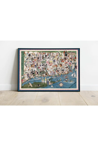 Pegziz Connecticutve Rhode Adası Eyaletleri Haritası Sanatsal Duvar Dekorasyon Poster 60x90cm. ürün görseli 1