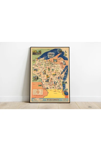 Pegziz Wisconsin Haritası Sanatsal Duvar Dekorasyon Poster 60x90cm. ürün görseli 1