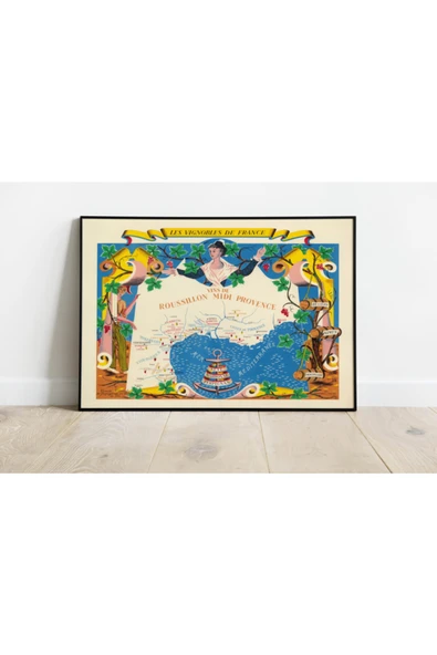Pegziz Fransa Şarapları Haritası Sanatsal Duvar Dekorasyon Poster 60x90cm. ürün görseli 1