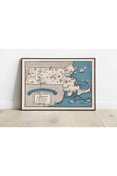 Pegziz Massachusetts Haritası Sanatsal Duvar Dekorasyon Poster 60x90cm. ürün görseli 1