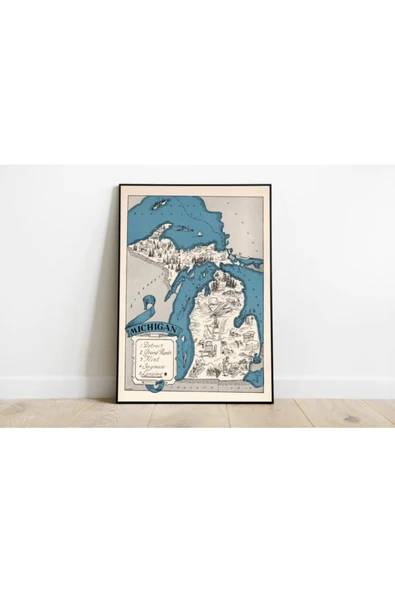 Pegziz Michigan Haritası Sanatsal Duvar Dekorasyon Poster 60x90cm. ürün görseli 1