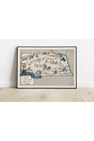 Pegziz Nebraska Haritası Sanatsal Duvar Dekorasyon Poster 60x90cm. ürün görseli 1