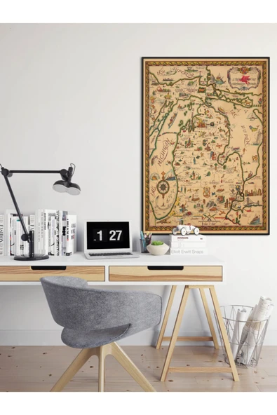 Pegziz Amerika Michigan Haritası Sanatsal Duvar Dekorasyon Poster 60x90cm. ürün görseli 1