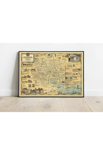 Pegziz Amerika Baltimore Haritası Sanatsal Duvar Dekorasyon Poster 60x90cm. ürün görseli 1