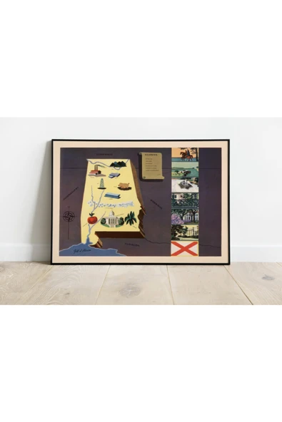 Pegziz Amerika Alabama Eyaleti Eski Haritası Sanatsal Duvar Dekorasyon Poster 60x90cm. ürün görseli 1