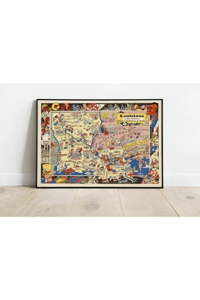 Pegziz Louisiana Haritası Sanatsal Duvar Dekorasyon Poster 60x90cm. ürün görseli 1