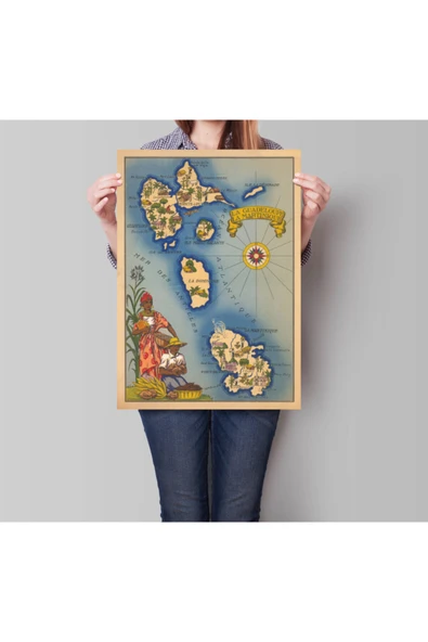 Pegziz Guadeloupe Ve Martinique Eski Şehir Haritası Sanatsal Duvar Dekorasyon Poster 60x90cm. ürün görseli 1