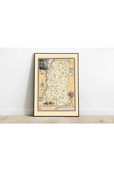 Pegziz Mississippi Haritası Sanatsal Duvar Dekorasyon Poster 60x90cm. ürün görseli 1