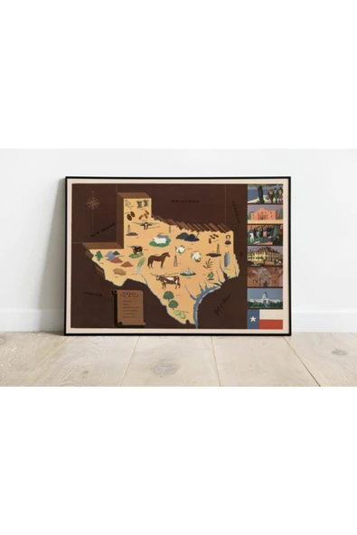 Pegziz Amerika Teksas Eyaleti Eski Haritası Sanatsal Duvar Dekorasyon Poster 60x90cm. ürün görseli 1