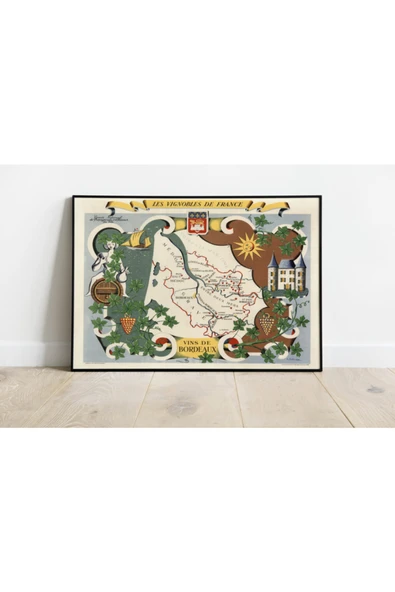Pegziz Fransa Şarapları Haritası Sanatsal Duvar Dekorasyon Poster 60x90cm. ürün görseli 1