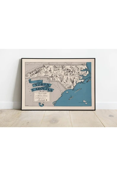 Pegziz Kuzey Carolina Haritası Sanatsal Duvar Dekorasyon Poster 60x90cm. ürün görseli 1