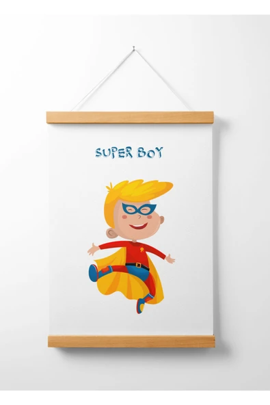 Pegziz Çocuk Odası Ahşap Askılı Super Boy Baskılı Kanvas Duvar Dekorasyonu 40x50cm. ürün görseli 1