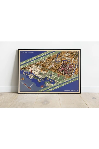 Pegziz Chicago Haritası Sanatsal Duvar Dekorasyon Poster 60x90cm. ürün görseli 1