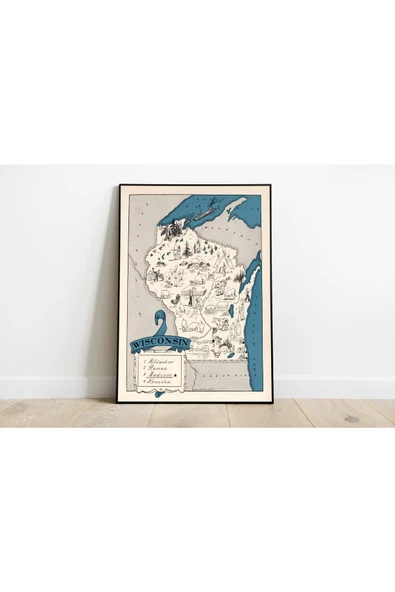 Pegziz Wisconsin Haritası Sanatsal Duvar Dekorasyon Poster 60x90cm. ürün görseli 1
