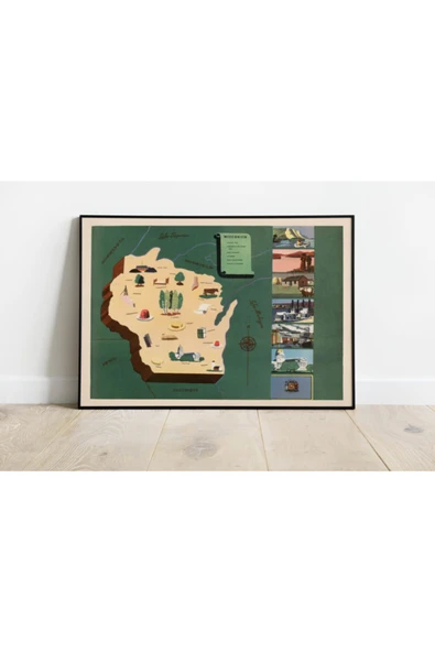 Pegziz Amerika Wisconsin Eyaleti Eski Haritası Sanatsal Duvar Dekorasyon Poster 60x90cm. ürün görseli 1
