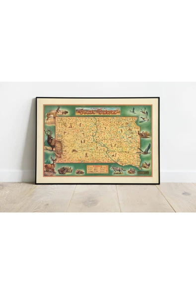 Pegziz Güney Dakota Haritası Sanatsal Duvar Dekorasyon Poster 60x90cm. ürün görseli 1