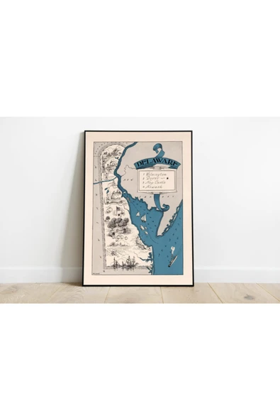 Pegziz Delaware Haritası Sanatsal Duvar Dekorasyon Poster 60x90cm. ürün görseli 1