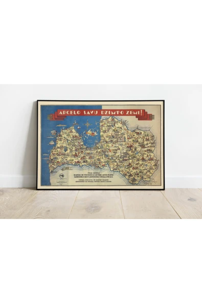 Pegziz Letonya Haritası Sanatsal Duvar Dekorasyon Poster 60x90cm. ürün görseli 1