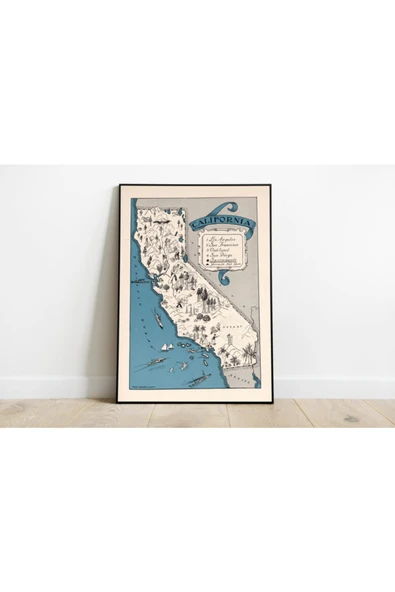 Pegziz Kaliforniya Eyaleti Haritası Sanatsal Duvar Dekorasyon Poster 60x90cm. ürün görseli 1