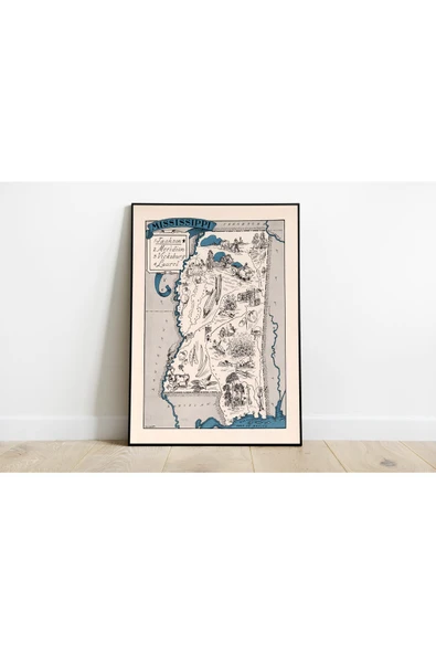 Pegziz Mississippi Haritası Sanatsal Duvar Dekorasyon Poster 60x90cm. ürün görseli 1