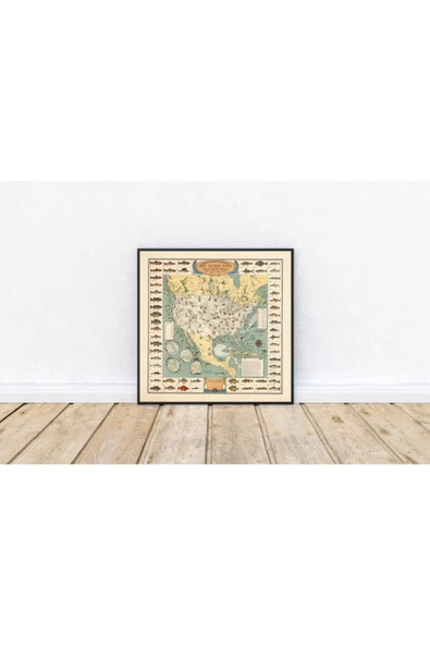 Pegziz Kuzey Amerika Balıkçılık Turnuvası Haritası Sanatsal Duvar Dekorasyon Poster 60x60cm. ürün görseli 1