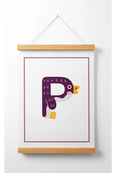 Pegziz Çocuk Odası Ahşap Askılı Hayvan Figürlü P Harfi Baskılı Kanvas Duvar Dekorasyonu 40x50cm. ürün görseli 1