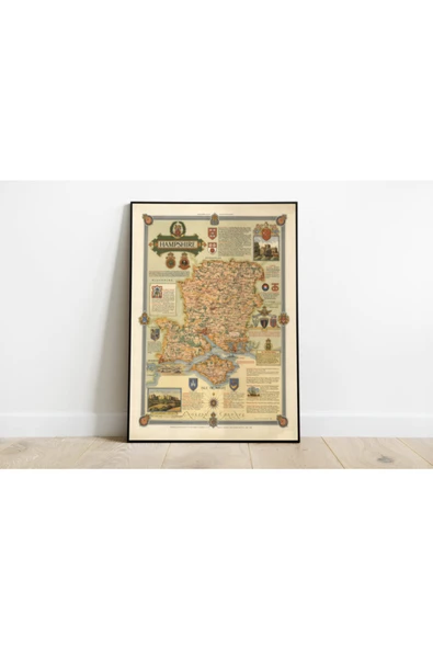 Pegziz Ingiltere Hampshire Haritası Sanatsal Duvar Dekorasyon Poster 60x90cm. ürün görseli 1
