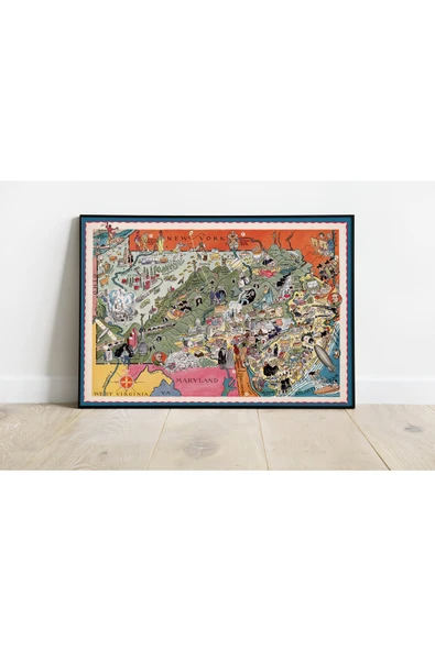 Pegziz Pensilvanya Ve New Jersey Eyaleti Haritası Sanatsal Duvar Dekorasyon Poster 60x90cm. ürün görseli 1