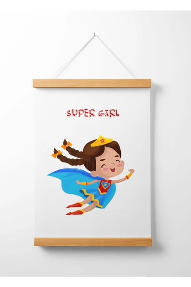 Pegziz Çocuk Odası Ahşap Askılı Super Girl Baskılı Kanvas Duvar Dekorasyonu 40x50cm. ürün görseli 1