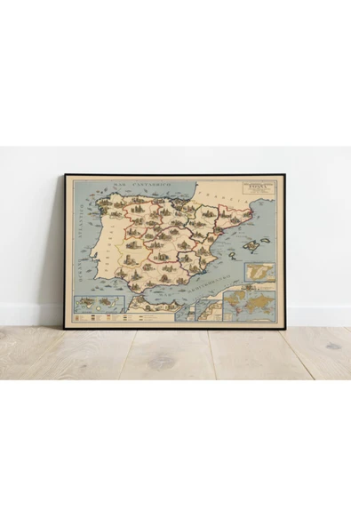 Pegziz Ispanya Ve Fas Haritası Sanatsal Duvar Dekorasyon Poster 60x90cm. ürün görseli 1