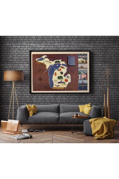 Pegziz Amerika Michigan Eyaleti Eski Haritası Sanatsal Duvar Dekorasyon Poster 60x90cm. ürün görseli 1